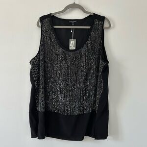 Eileen Fisher Black Silk Crepe De Chine Sequin U Neck Long Sleeveless Top NWT 1X